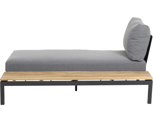 Gaarde-Lounge-Sofa mat Holzënnergestell, Metallrahmen a groe Polsteren.