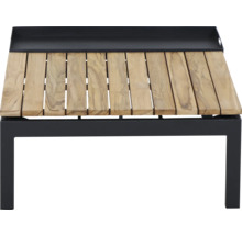 Garten-Beistelltisch mat enger Dëschplack aus Holzlamellen an engem schwaarze Metallgestell.