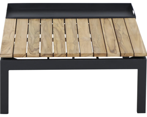 Garten-Beistelltisch mat enger Dëschplack aus Holzlamellen an engem schwaarze Metallgestell.