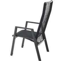 Chaise de jardin anthracite avec accoudoirs, dossier haut en corde tressée et assise rembourrée, structure en métal.