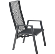 Chaise de jardin anthracite avec dossier réglable en corde et structure en aluminium.