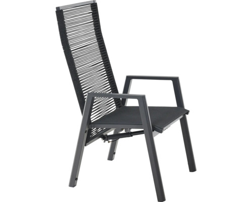 Chaise de jardin anthracite avec dossier réglable en corde et structure en aluminium.