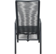 Chaise de jardin avec structure en métal et dossier en corde tressée noire.