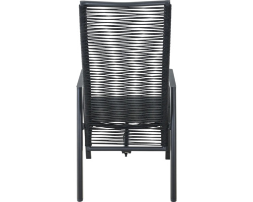 Chaise de jardin avec structure en métal et dossier en corde tressée noire.