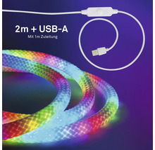 Mehrfarbiger LED Lichtschlauch, 2 Meter lang mit USB A Anschluss, inklusive 1 Meter Zuleitung und integriertem Schalter.