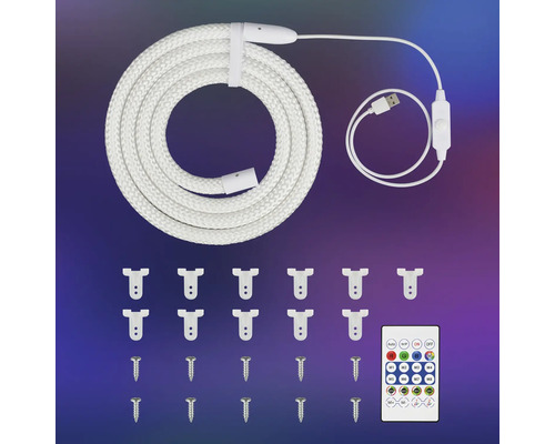 LED Lichtschlauch Set mit USB Anschluss, Fernbedienung, Befestigungsclips und Schrauben.