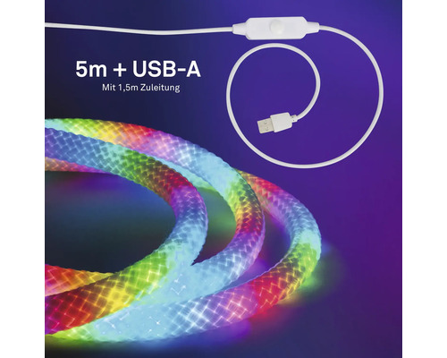 Fünf Meter langer LED-Streifen mit USB-A-Anschluss, ein komma fünf Meter Zuleitung, inklusive Schalter und bunter Beleuchtung.