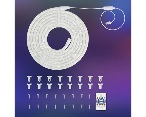 LED-Lichtschlauch-Set mit weißem Seil, USB-Kabel, Fernbedienung, Montageclips und Schrauben.