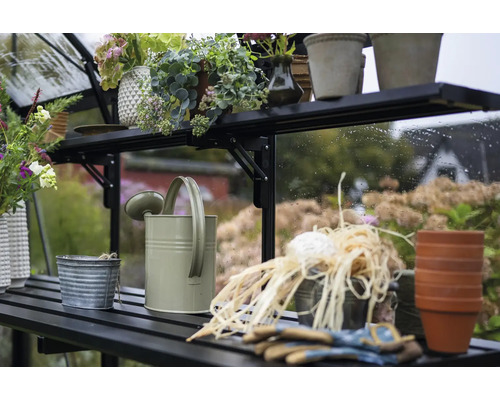 Étagère de serre avec arrosoir, pots de fleurs et accessoires de jardin
