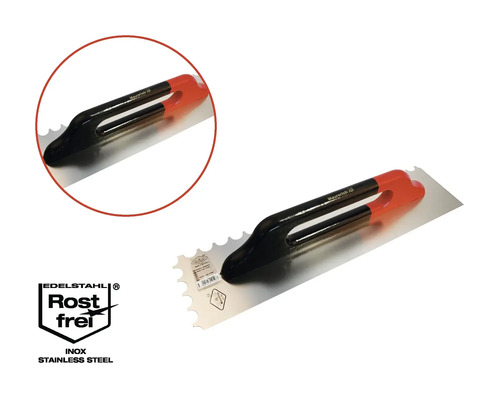 Spatule dentée en acier inoxydable avec manche en plastique et label inoxydable