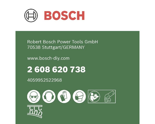 Logo Bosch et informations sur le produit avec symboles de securite pour outils electriques