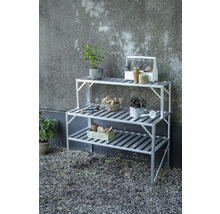 Étagère à plantes argentée avec trois tablettes et accessoires de jardinage
