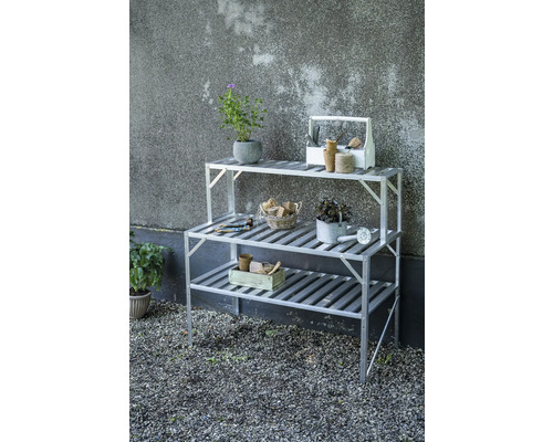 Étagère à plantes argentée avec trois tablettes et accessoires de jardinage