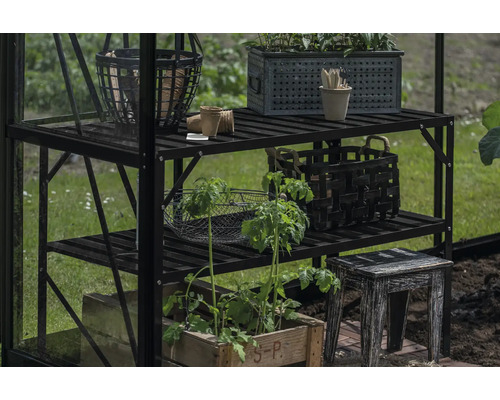 Étagère de serre avec plantes, paniers et outils de jardinage