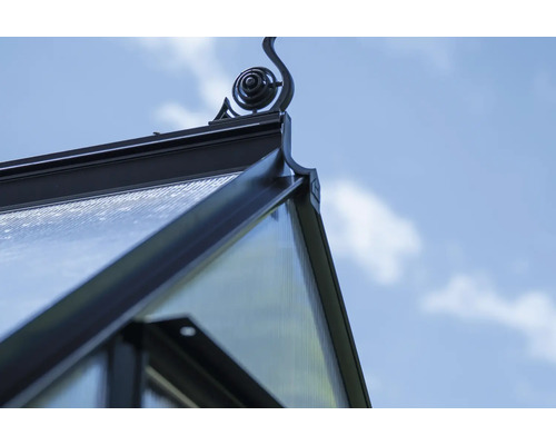 Vue détaillée du toit d'une serre avec une pointe décorative