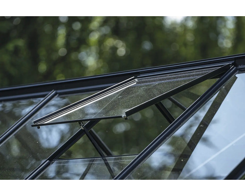 Vue détaillée d'une serre avec une fenêtre ouverte pour la ventilation.