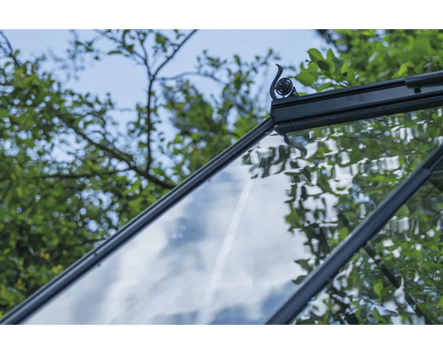 Vue détaillée d'une fenêtre de serre ouverte avec ventilation