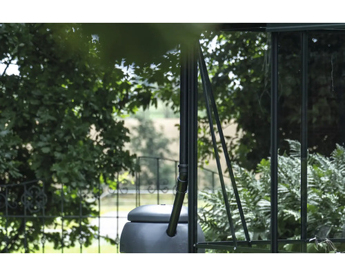 Récupérateur d'eau de pluie sur une serre avec des arbres en arrière-plan