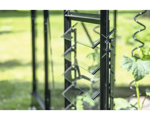 Gros plan d'une serre avec fenêtre à lamelles pour la ventilation