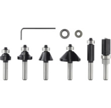 Coffret de fraises en métal pour défonceuse comprenant divers profilés, deux roulements à billes et une clé mâle coudée.