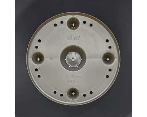 Elho Logo auf einem Untersetzer mit einem Durchmesser von 25 Zentimetern und einem Volumen von 5,5 Litern