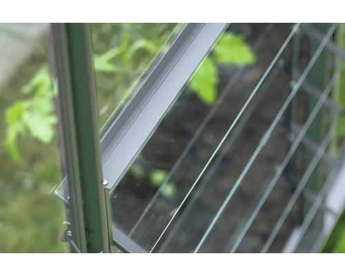 Vue détaillée d'une fenêtre de serre avec cadre en métal et vitres