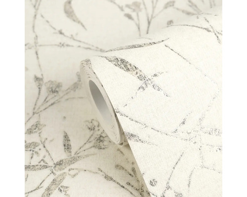 Papier peint intissé avec motif floral, branches et feuilles, surface structurée, rouleau de papier peint