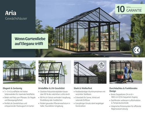 Aria Gewächshaus mit zehn Jahren Garantie, CE Zeichen, transparenten Polycarbonatplatten und Aluminiumrahmen