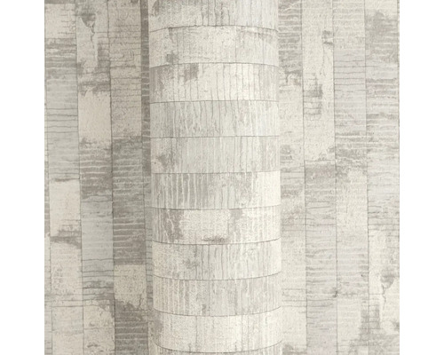 Papier peint gris avec motif d'aspect pierre et structure de blocs horizontaux en bandes verticales.