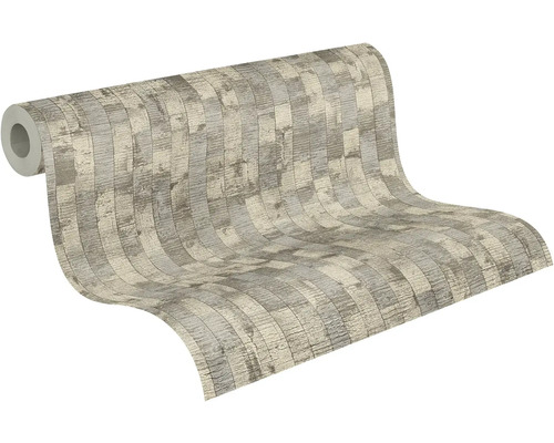 Rouleau de papier peint avec motif de planches de bois rustiques et surface texturée.
