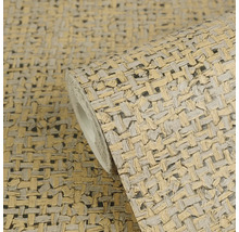 Papier peint intissé aspect raphia, motif tressé beige et gris.