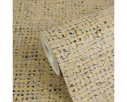 Papier peint intissé aspect raphia, motif tressé beige et gris.