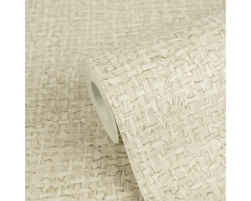 Papier peint intissé avec un aspect tressé structuré de couleur beige.