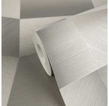 Papier peint intissé gris en rouleau avec motif géométrique et structure à lignes fines.