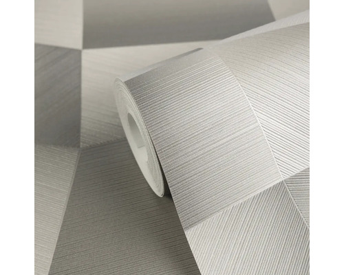 Papier peint intissé gris en rouleau avec motif géométrique et structure à lignes fines.