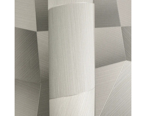 Papier peint intissé avec motif géométrique moderne de triangles et structure de lignes fines.