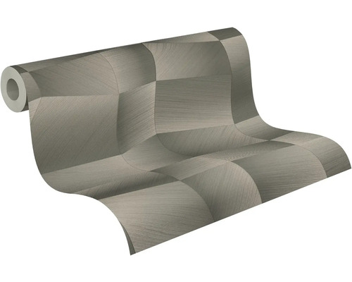 Rouleau de papier peint avec motif géométrique tridimensionnel gris, aspect métallique texturé.