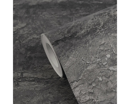 Papier peint intissé aspect pierre, gris foncé, surface structurée avec fissures, vue détaillée d'un rouleau.