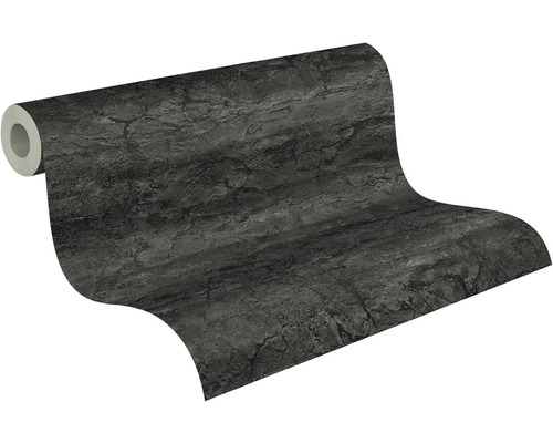 Papier peint intissé aspect pierre et béton avec une surface structurée gris foncé.