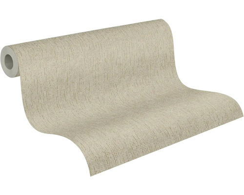 Beige Vliestapete mit feiner Leinenstruktur, Rolle teilweise abgerollt.