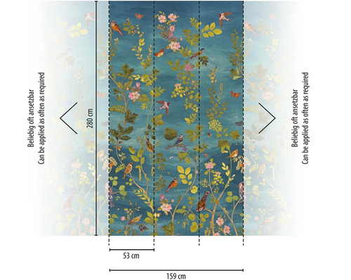 Tapetenwand mit Vogel- und Pflanzenmuster, Maße 280 x 159 cm