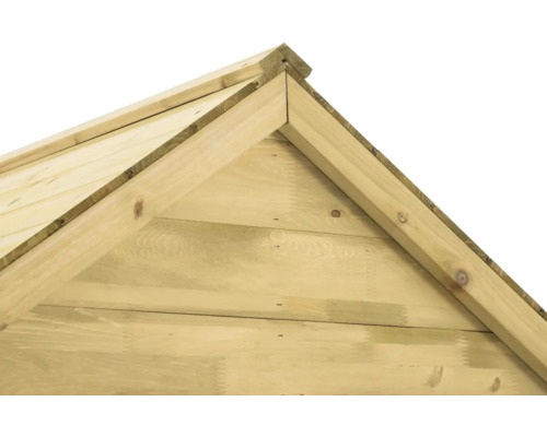 Vue détaillée du pignon d'un abri de jardin en bois
