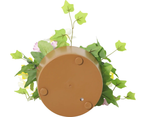 Unterseite eines Blumentopfes mit Kunstblumen