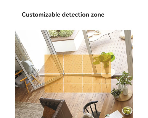 Darstellung eines Wohnraums mit anpassbarer Detektionszone für Überwachungsgeräte.