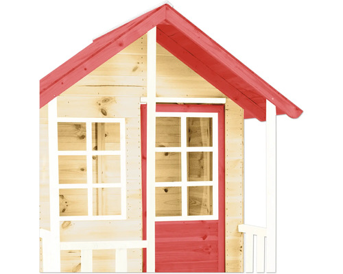 Vue détaillée d'une cabane pour enfants avec un toit et une porte rouges, ainsi que des cadres de fenêtres blancs.