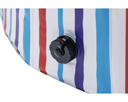 Vue détaillée d'une piscine gonflable à rayures avec une valve noire