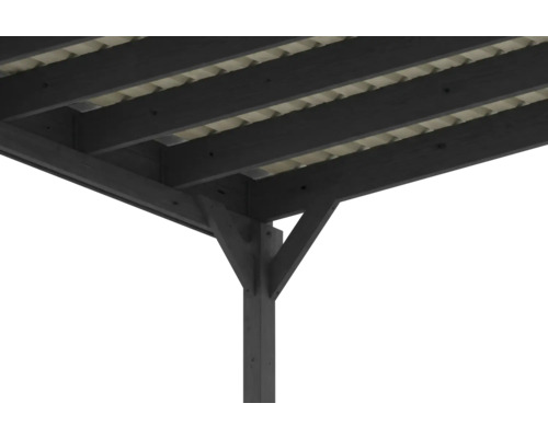 Detail vun enger Terrasseiwwerdaachung aus Holz an Anthrazit mat Pottoen, Balken a Spueren.