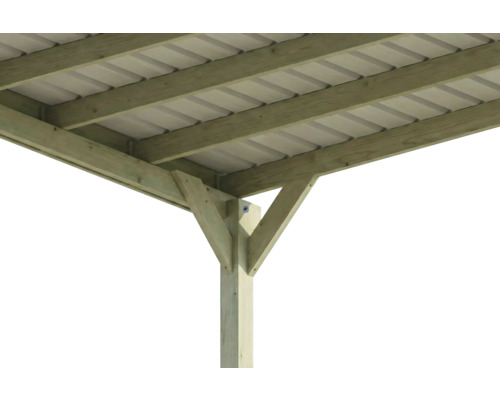 Detailansicht einer Holz-Carport-Konstruktion mit Pfosten, Kopfbändern, Balken und Trapezblechdach.