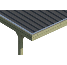 Detailansicht einer Dachkonstruktion mit Trapezblech und Aluminium-Abschlussprofil auf einem Holzrahmen.