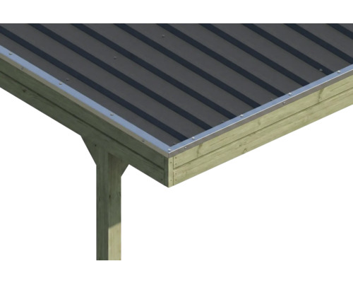 Detailansicht einer Dachkonstruktion mit Trapezblech und Aluminium-Abschlussprofil auf einem Holzrahmen.